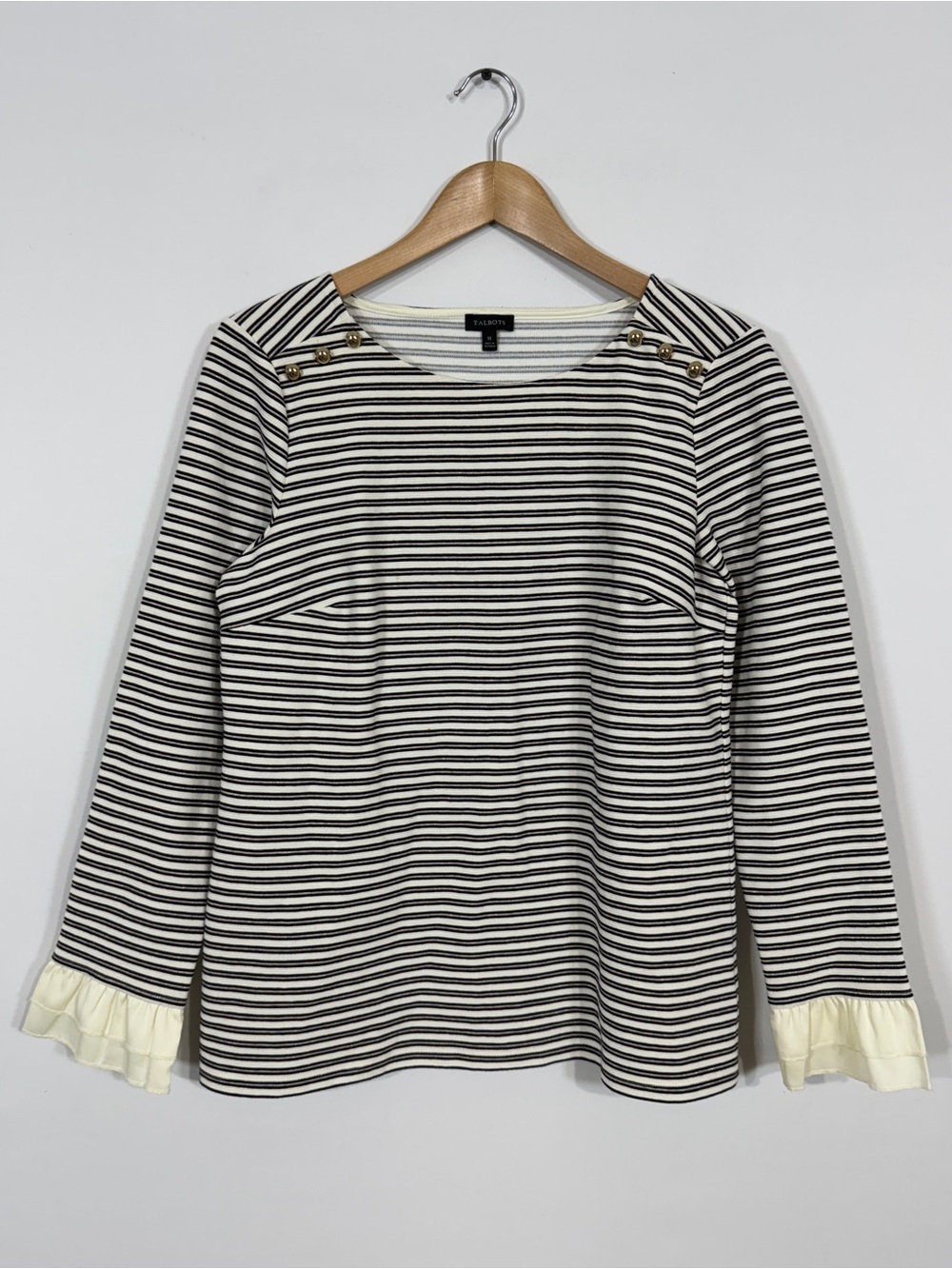 WSH141 {Talbots} Black White Stripe Long Ruffle Sleeves Blouse Tee Top Shirt